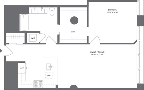 Floor plan for 1 bed, 1 bath, 953 sqft